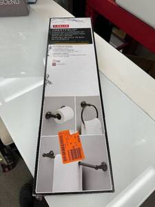 lot 455 image: Delta Crestfield 3 Piece Bathroom Hardware Kit includes 24 Towel Bar, Towel Ring, and Toilet Paper Holder - Bronze