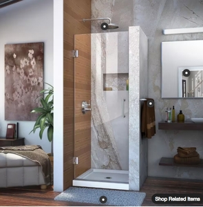 lot 74 image: DreamLine Unidoor 23 in. x 72 in. Frameless Hinged Shower Door in Chrome New open box.