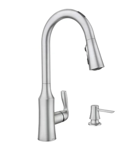 lot 63 image: New Moen Moen Cadia Touchless Pulldown MotionSense Wave Kitchen Faucet With Soap Dispenser - Stainless Steel