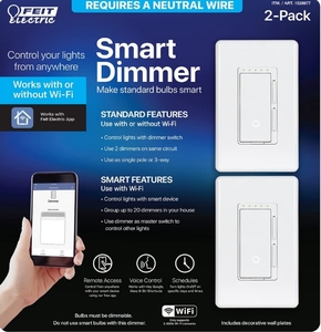 lot 179 image: (5 Pack) Feit Electric Smart Wi-Fi Connected White Dimmer Switch for Dimmable 150W LED and 450W Incandescent BulbsSingle-Pole or 3-Way