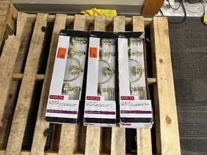lot 484 image: 3 New Delta Greenwich Collection Gold 3 Piece Bathroom Hardware Sets - 24 Towel Bar, Towel Ring, & toilet Paper Holder