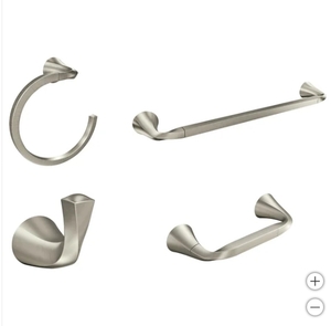 lot 417 image: New Moen Karis 4 Piece Bathroom Hardware Kit Part # BH1293BN - Towel Bar, Towel Ring, Towel Hook, Toilet Paper Holder