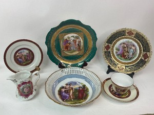 lot 109 image: Royal Vienna Hand Painted Plate with other Porcelain Plates, Bowl, and Tea Cup