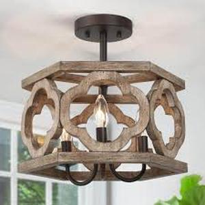 LNC Farmhouse Antique Wood Drum Semi-Flush Mount 3-Light Rustic Kitchen Island Ceiling Lamp with Rusty Bronze Candle Holders   Customer Returns See Pictures