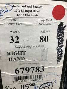 lot 97 image: JELDWEN 32 X 80 RIGHT SWING, 6 PANEL DOOR