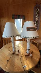 lot 9 image: Set of 2 Rustic Birch Bark Table Lamps with White Lamp Shades