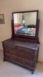 lot 24 image: Antique Oak Dresser with Mirror and Decorative Hardware