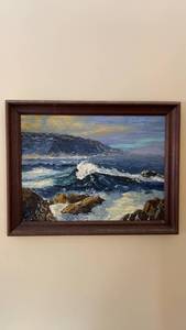 lot 33 image: Framed Ocean Landscape Oil Painting