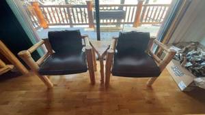 lot 48 image: Set of 2 Rustic Log Chairs with Brown Cushions