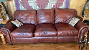 lot 56 image: Used Leather Sofa with Decorative Pillows
