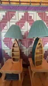 lot 58 image: Pair of Vintage Boat-Shaped Table Lamps with Pleated Shades