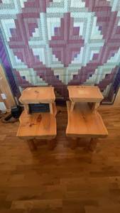 lot 59 image: Set of 2 Rustic Handmade Wood End Tables with Unique Shape