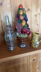 lot 66 image: Vintage Decorative Fruit Topiary with Glass Fish Bottle and Ceramic Pitcher