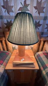 lot 99 image: Rustic Wooden Table Lamp with Green Shade