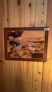 lot 102 image: Framed Wooden Inlay Artwork of Landscape Scene