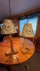 lot 118 image: Pair of Rustic Wooden Table Lamps with Floral Shades