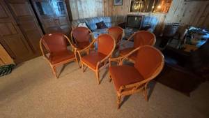 lot 134 image: Set of 6 Vintage Rattan Chairs with Red Cushions