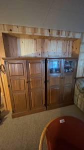 lot 135 image: Vintage Wooden Storage Cabinet with Glass Doors and Shelving Plus Contents Inside