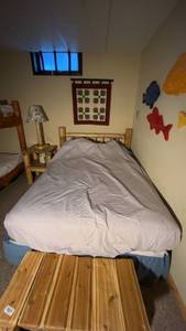 lot 162 image: Rustic Log Twin Bed with Blue Bedding