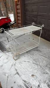 lot 170 image: Vintage White Metal Serving Cart with Two Tiers and Wheels