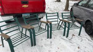 lot 173 image: Set of 4 Vintage Green Aluminum Outdoor Chairs with Wooden Armrests