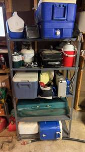 lot 186 image: Collection of Camping Gear Including Coolers, Grilling Tools, and Portable Table