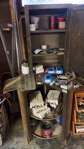 lot 263 image: Vintage Corner Cabinet with Assorted Items and Hardware