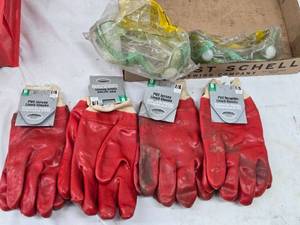 lot 215 image: Set of 4 Red PVC Lined Utility Gloves with 2 Pair of Goggles