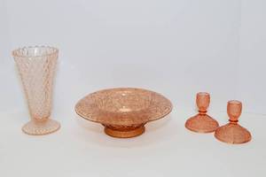lot 96 image: Antique 1920s Imperial Glass Tree of Life  Pink Depression Glass Console Bowl and Depression Glass Candlestick Holders and Pink Vase