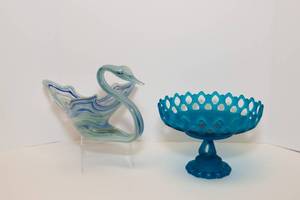 lot 118 image: Fancy Glassware - Dark Blue Mist Satin WESTMORELAND Blue Glass Footed Fruit Bowl Pedestal and Mid Century Modern Swirl Blue Glass Swan