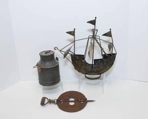 lot 140 image: The Adams Co Vintage Stove Damper, Metal Ship, and Metal Container