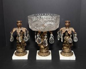 lot 147 image: Three Piece Made in Italy Marble Base Candle Holders and Pedestal Bowl