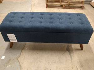 lot 4 image: Threshold Tufted Storage Bench with Blue Fabric and Wooden Legs