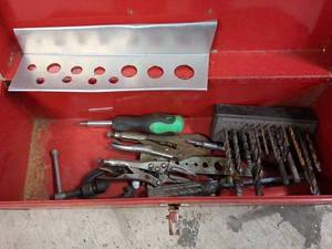 lot 176 image: Vintage Red Toolbox with Assorted Hand Tools and Drill Bits