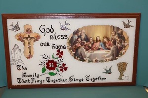 lot 7 image: Antique Religious Last Supper Custom Foil-Art Bluebirds Chalice Cross Shadow Box
