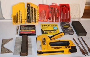 lot 72 image: Garage Shop Workbench Supplies...Step Gauge, Contour Gauge, Stapler, Staples, Drill Bits,  Etc