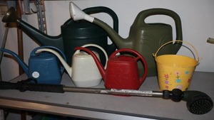 lot 79 image: Vintage Plastic Watering Cans, Watering Wand Etc