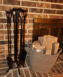 lot 20 image: Fireplace Utensils Clean Wrought Iron and Woven Wood Bucket