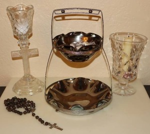 lot 28 image: Home DeCorCrystal Cross Votive Candle Holder Rosary Silver Tiered Serving Caddy Etc