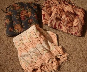 lot 45 image: Vintage Crocheted Afghan, Chair Cushions