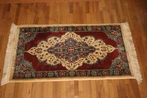 lot 100 image: Vintage Wool Turkish Style Burgundy Spruce Green Ivory Medallion Accent Rug