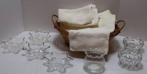 lot 93 image: Home DeCor...Cyrstal Candle Stick Holders, Basket wTable Linens Etc