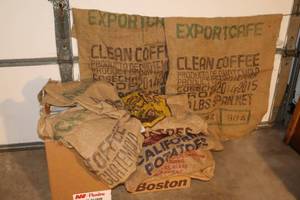 lot 63 image: Vintage Potato and Coffee Burlap Bags Gunny Sacks