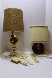 lot 109 image: Vintage Wall Lamps By American Lamp & Shade Co. & Brazil, Hair Brush Comb Mirror Dresser Set