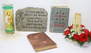 lot 112 image: Spiritual & Religious Home DeCorCrucifix, Quote, Candles and Bibles