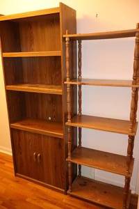 lot 121 image: Vintage Display Book Shelves5-Shelf Pressed Board 24 x 12 x 64 - Two-Door Veneer Adjustable Shelf 28 x 12 x 72