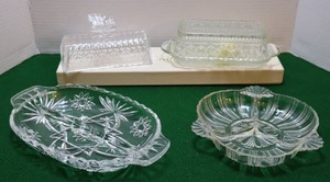 lot 155 image: Kitchen VintageGlass Serving Dishes Circleware Butterfly Butter Dish Lid, Cut Glass Covered Butter, Divided Ribbed Relish Etc