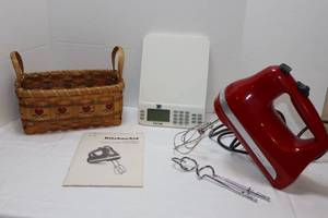 lot 166 image: Kitchen EssentialsHandheld Electric Mixer By KitchenAid, Taylor Counter BO Scale, Basket