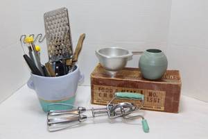 lot 170 image: Kitchen EssentialsServing Utensils, Vintage SEARS Handheld Mixer, Meat Grinder Etc