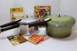 lot 177 image: Vintage KitchenPresto Stovetop Pressure Cookers, Cookbooks Etc